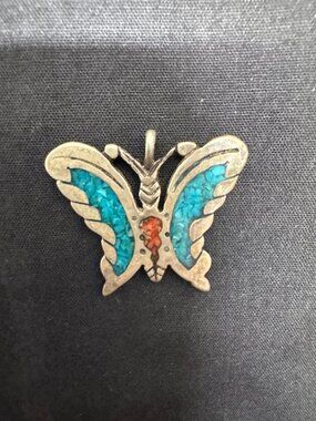 Sterling Silver Butterfly Pendant With Turquoise & Red Coral Chip Inlay Vintage-